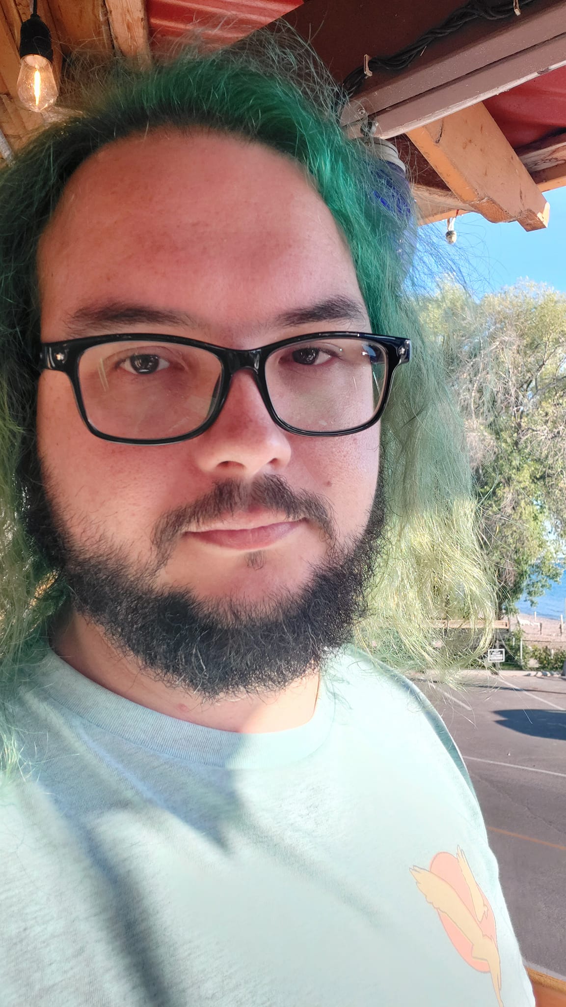 A man with green hair is sitting on a patio in the sunlight, Photo 3